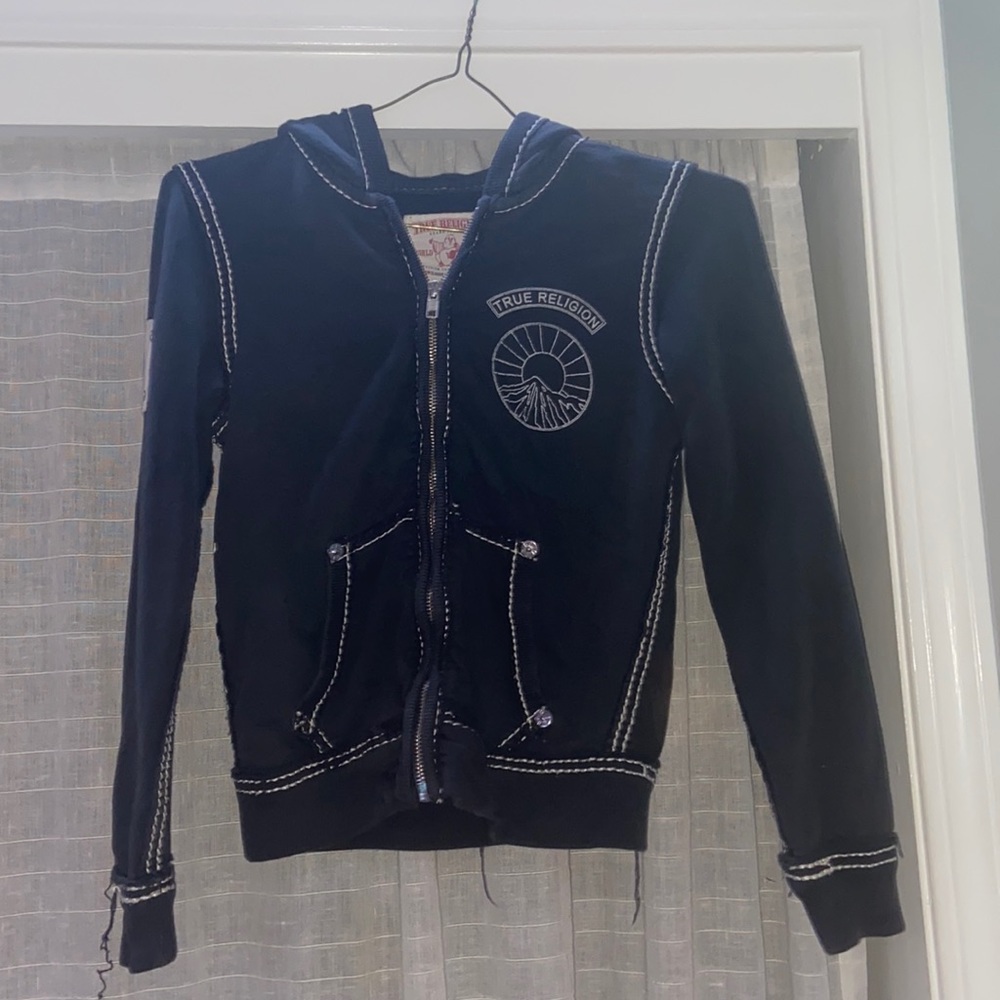 Size medium (but fits very small) true religion navy blue zip up hoodie